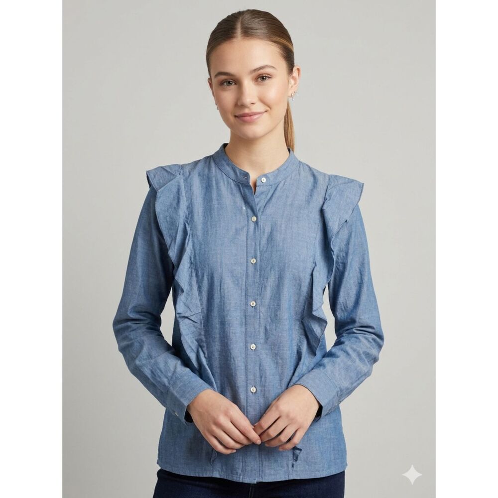 Mud Pie Chambray Ruffle Blouse Top M Long Sleeve Cotton Boutique Peasant NWT